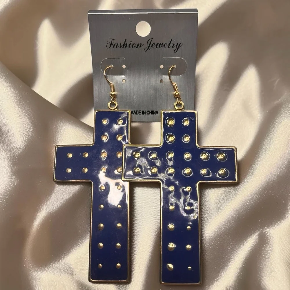 Cross Dangle Drop Earrings Religious Faith Cross Golden Toned Metal Navy Women